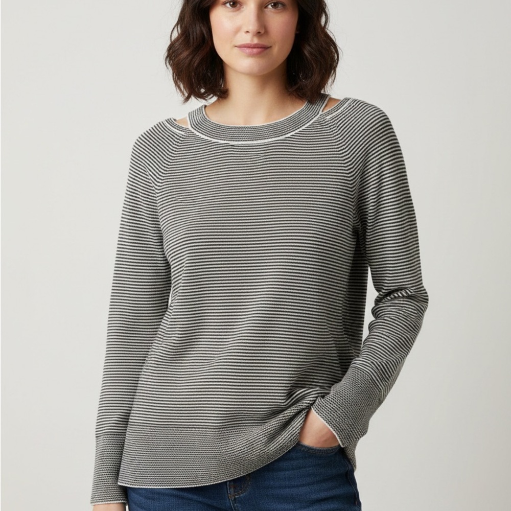 LOFT Ann Taylor Gray & White Striped Shoulder Cutout Cotton Sweater Size Medium